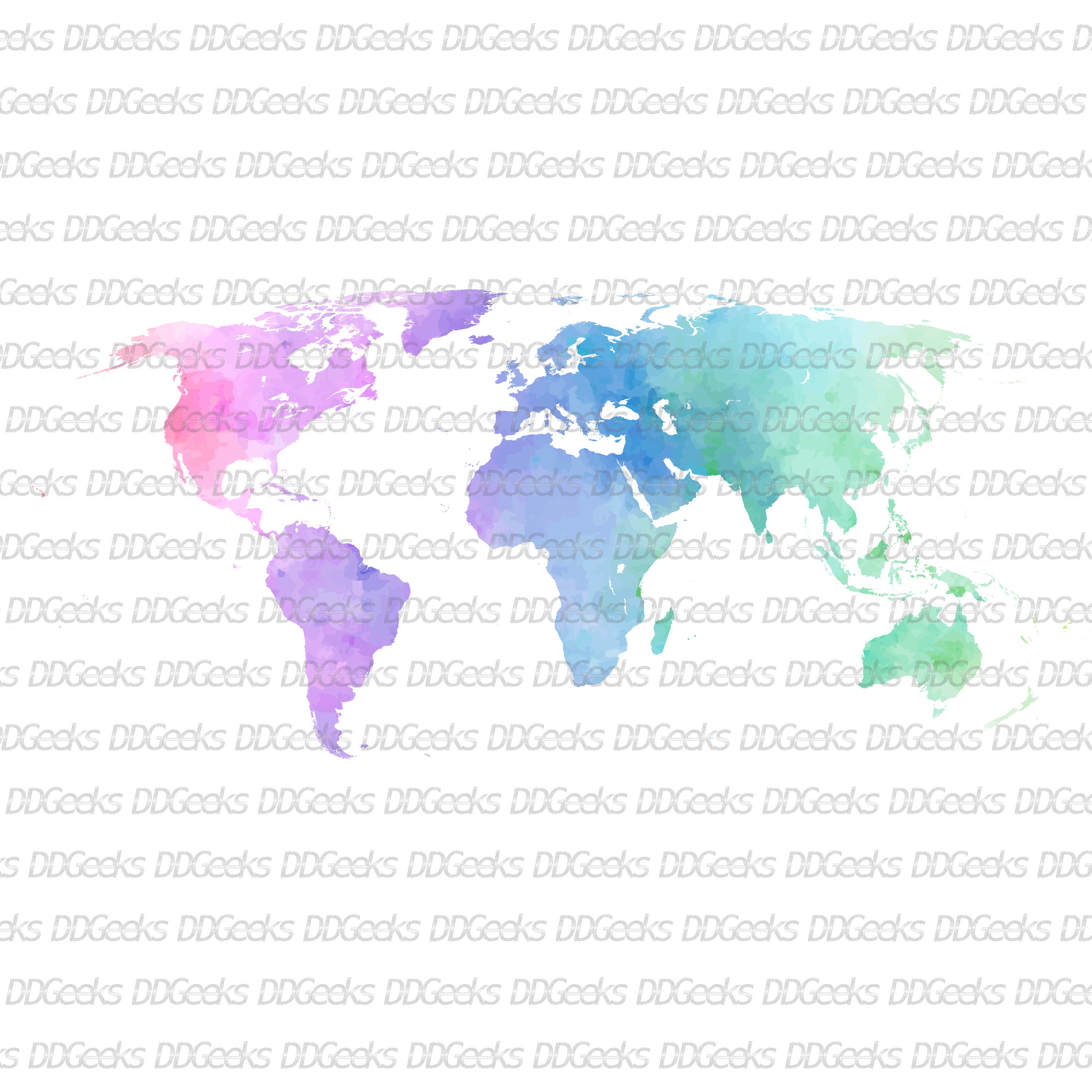 World Map Watercolor Silhouette Digital Download PNG.