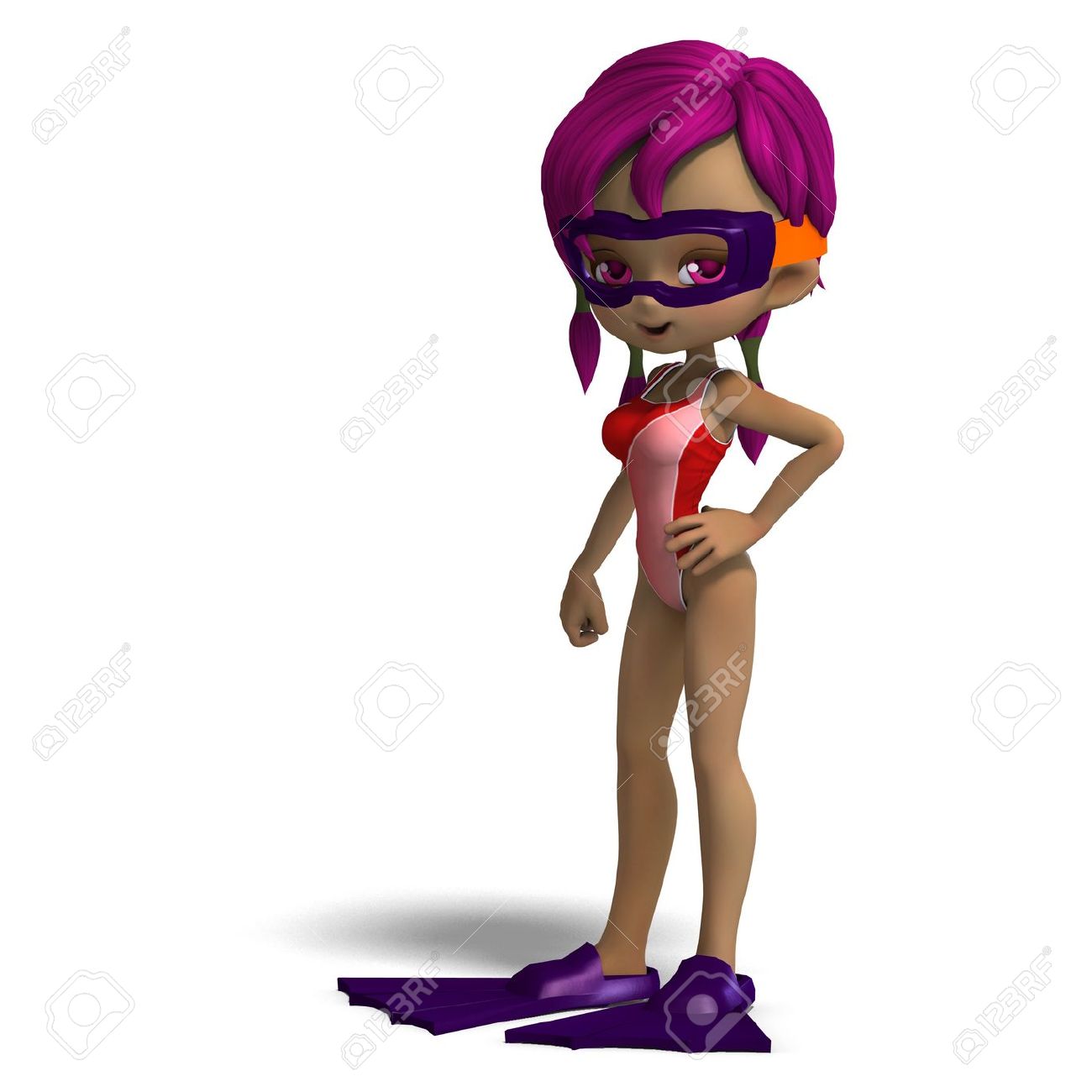 Dinky Toon Girl With Diving Goggles And Flippers. 3D Rendering.