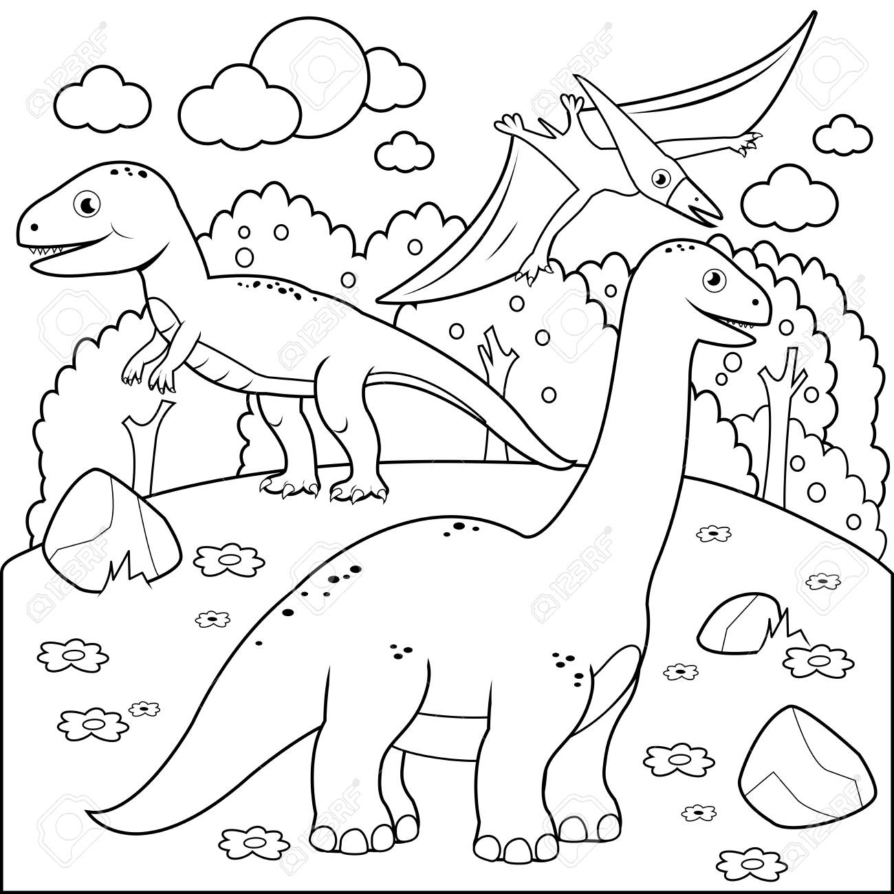 Prehistoric landscape with dinosaurs. Black and white coloring...