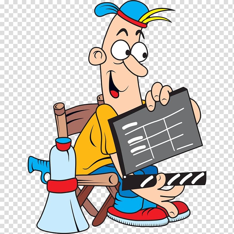 Film director , Cartoon man holding log card transparent.