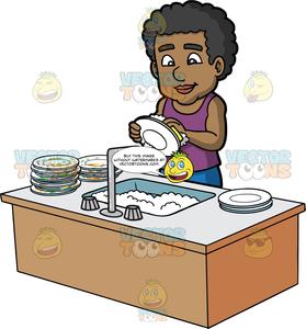 A Black Man Washing A Stack Of Dirty Dishes.