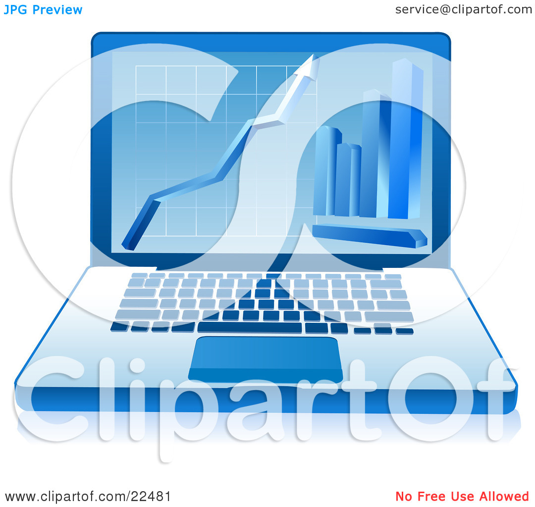 Clipart Illustration of a Blue Laptop With A Financial Grid, Arrow.