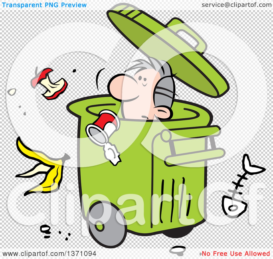 Clipart of a Cartoon Disposable Man in a Rolling Trash Bin with.