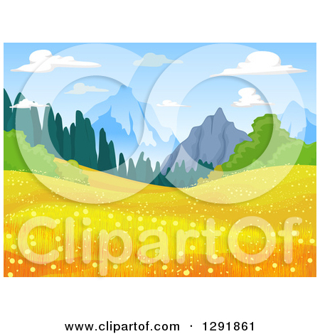 Clipart of a Meadow with Golden Flowers and Mountains in the.