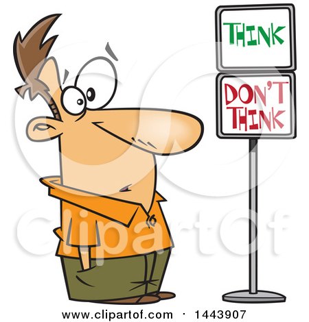 Clipart of a Cartoon White Man Staring at Think and Dont Think Signs.