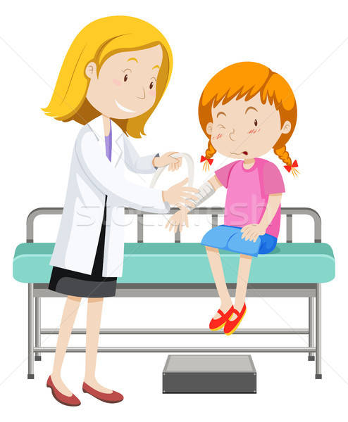 Doctor helping young girl with broken arm vector.