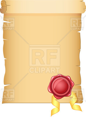 Old paper scroll with wax seal and ribbon Vector Image.