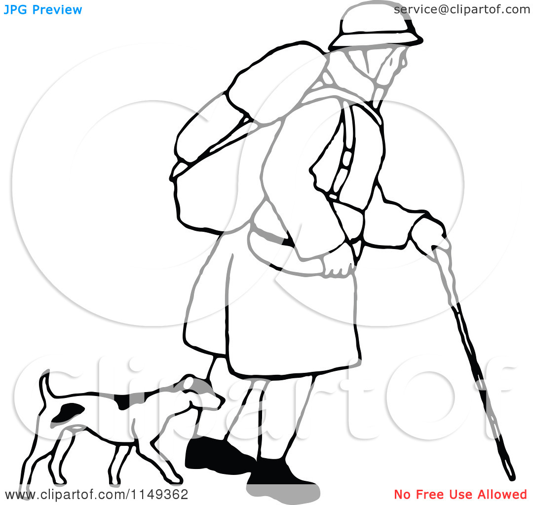 Clipart of a Retro Vintage Black and White Man Trekking with a Dog.