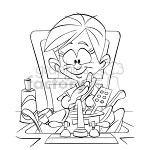 vector black and white cartoon lady doing the dishes clipart. Royalty.