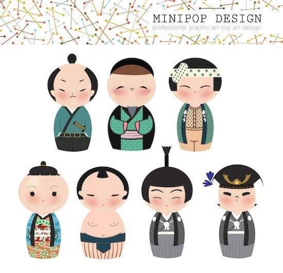 Set of Cute Japanese Male Kokeshi Characters.