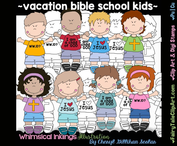 Vacation Bible School Kids Digital Clip Art & Black and White.