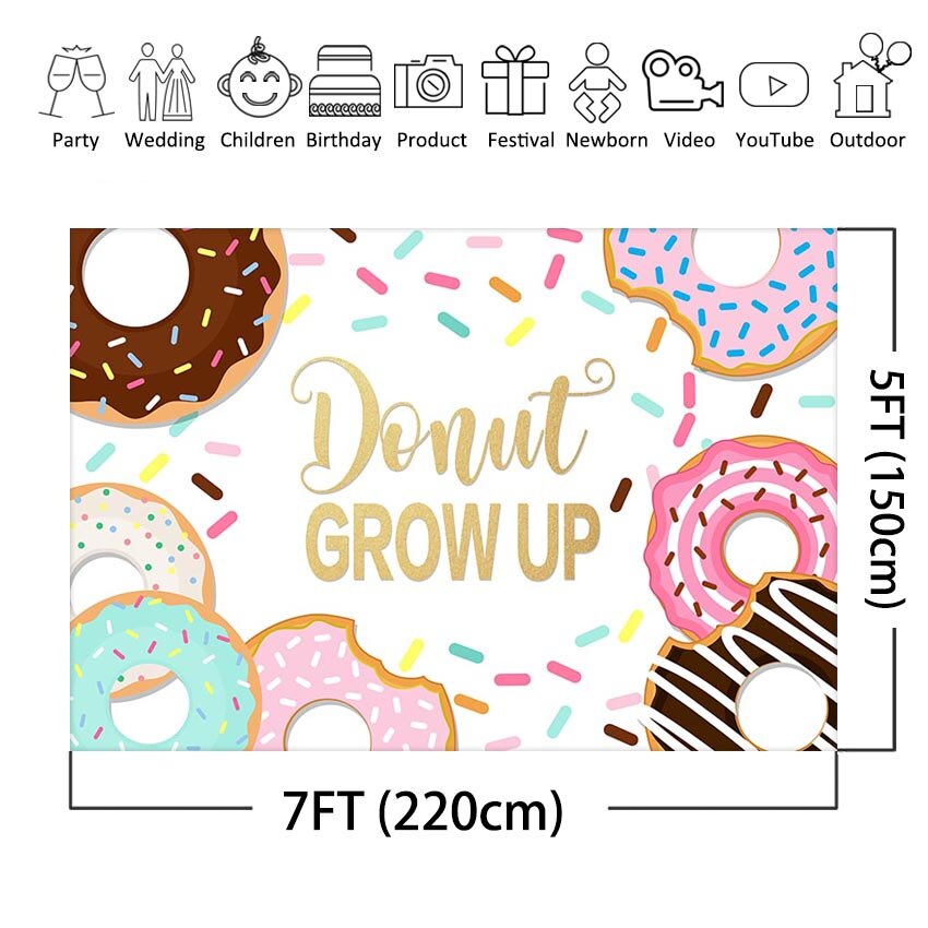 MEHOFOTO Donut Birthday Photography Backdrop Donut Grow Up Sprinkles Kids  Baby Birthday Party Photo Background Decorations.
