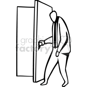 Black and white business man opening a door clipart. Royalty.