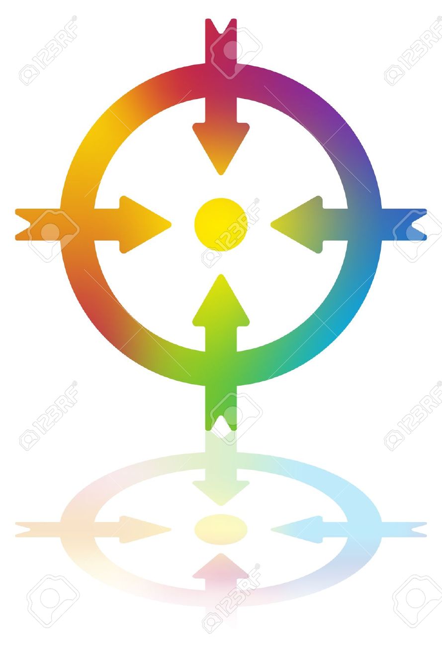 Four Colored Arrows Pointing To A Dot Inside A Circle Royalty Free.