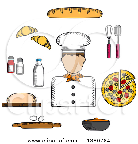 Clipart of a Sketched Baker, Pizza and Baguette, Croissant and.