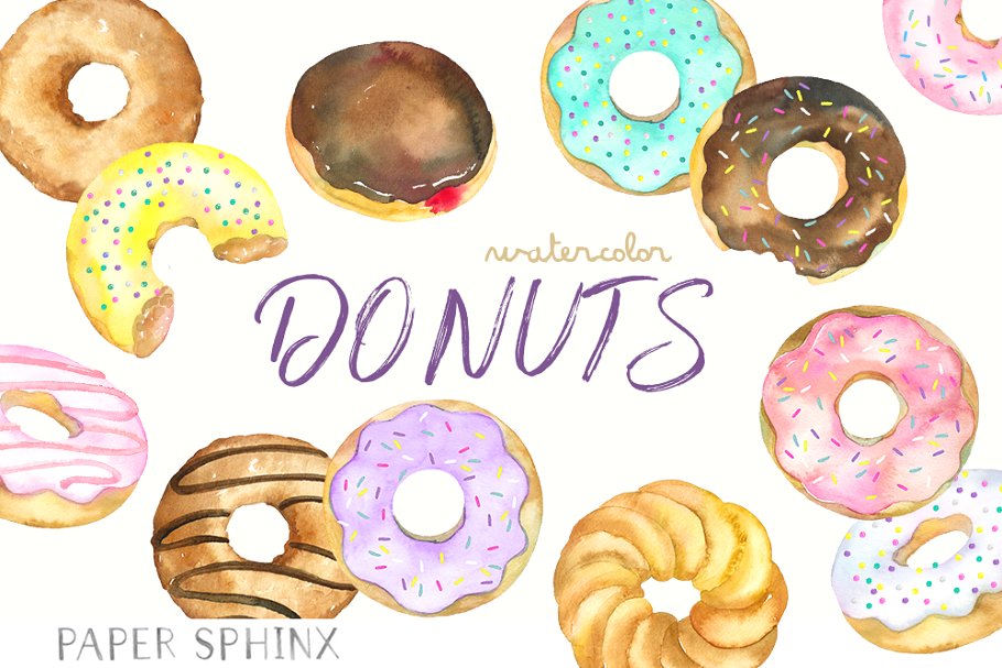 Watercolor Donuts Clipart Pack.