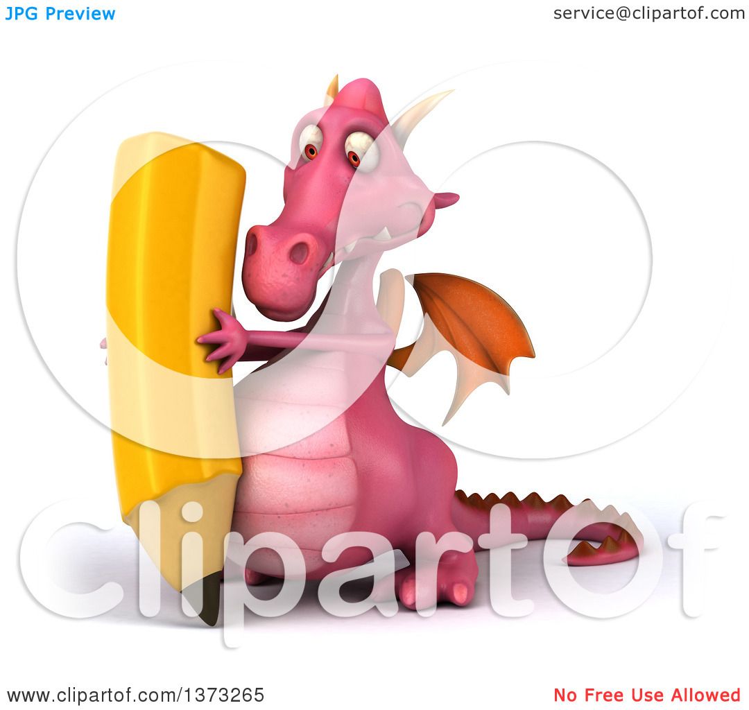 Clipart of a 3d Pink Dragon Using a Pencil, on a White Background.