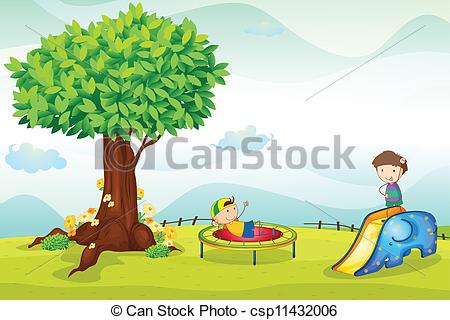 Vector Clipart of kids playing in nature.
