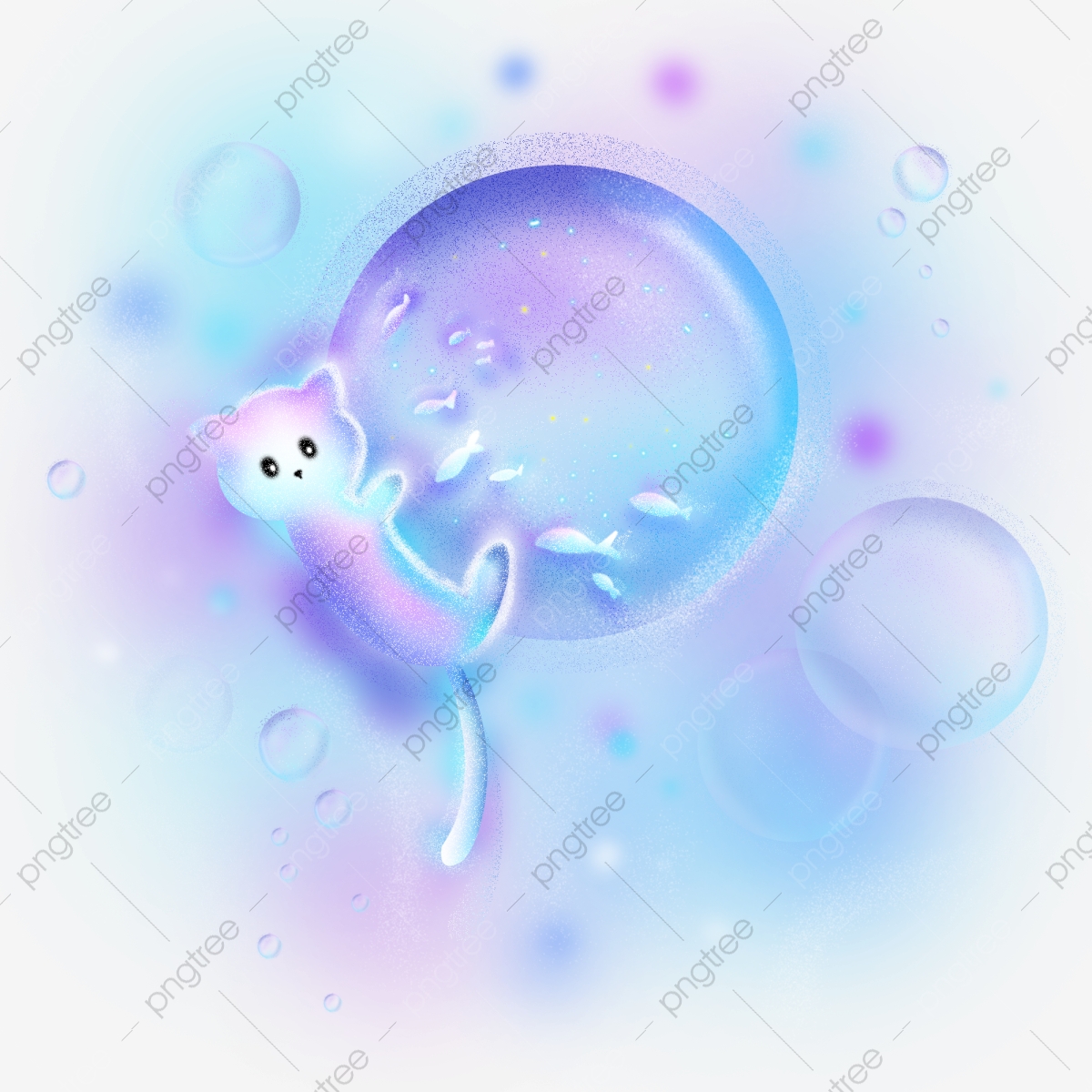 Dream Cat Bubble Fish, Hand Painted, Illustration, Bubble PNG.