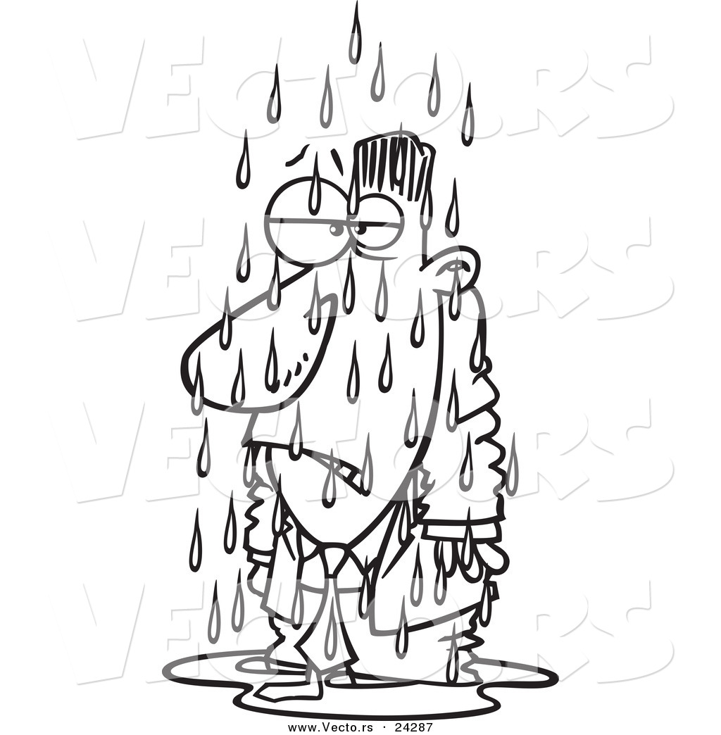 Vector of a Cartoon Soaked Businessman Black and White Outline.