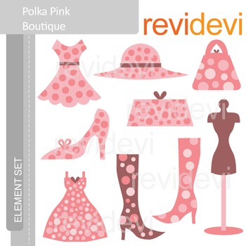 Clipart Polka Pink Boutique E022 (fashion, mannequin, dress, boots, purses).