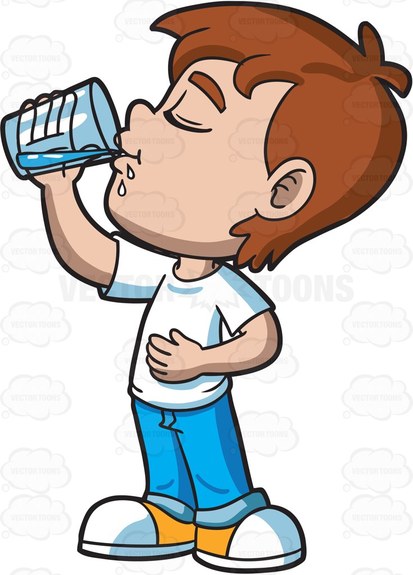 A Young Boy Looking Satisfied While Drinking Water Cartoon Clipart.