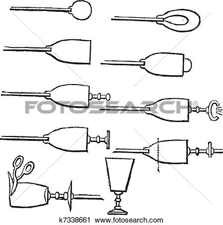 Clipart of Drinking Glass Manufacturing Process, vintage engraving.
