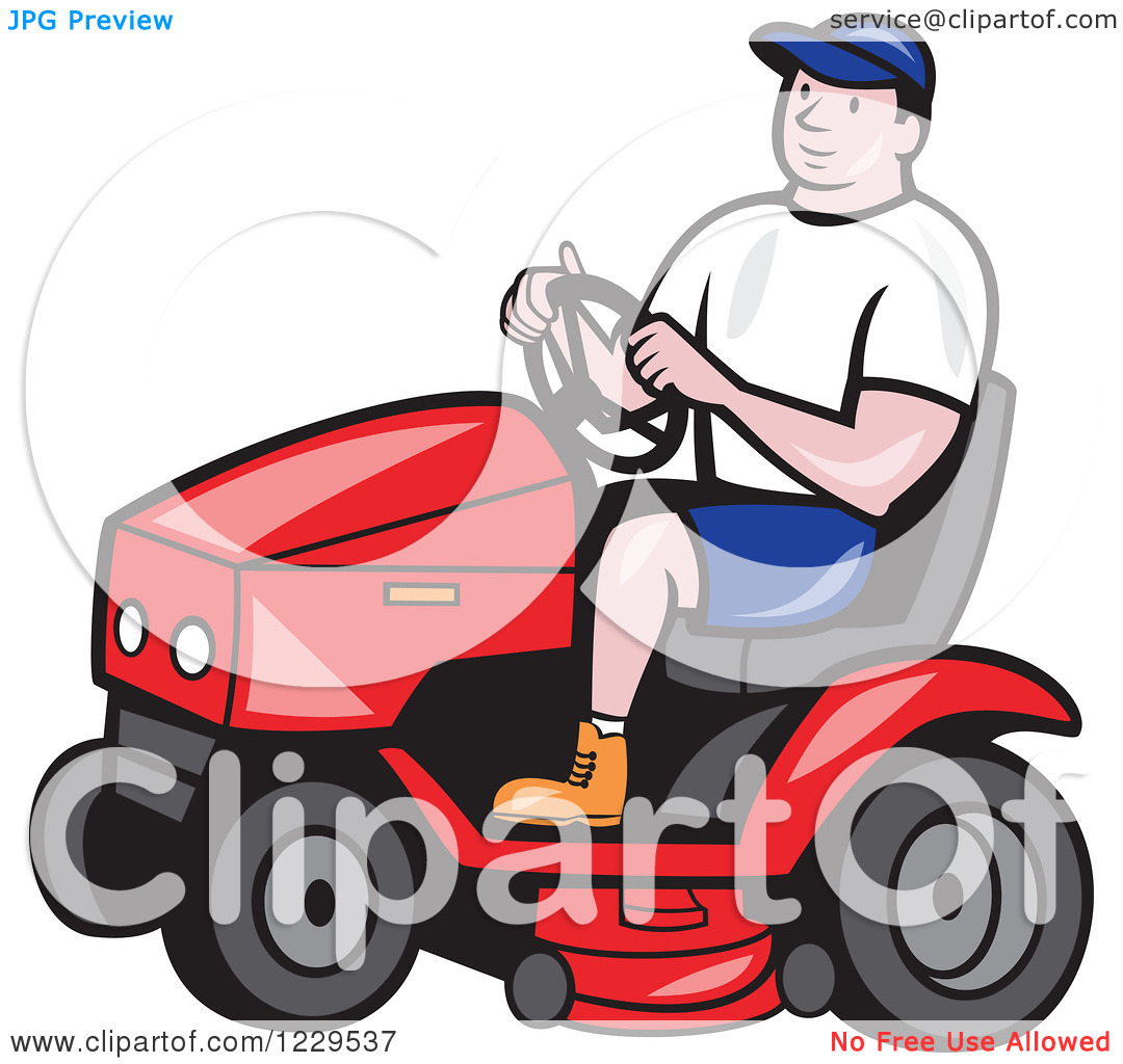 Clipart of a Gardener Man Driving a Red Tractor.