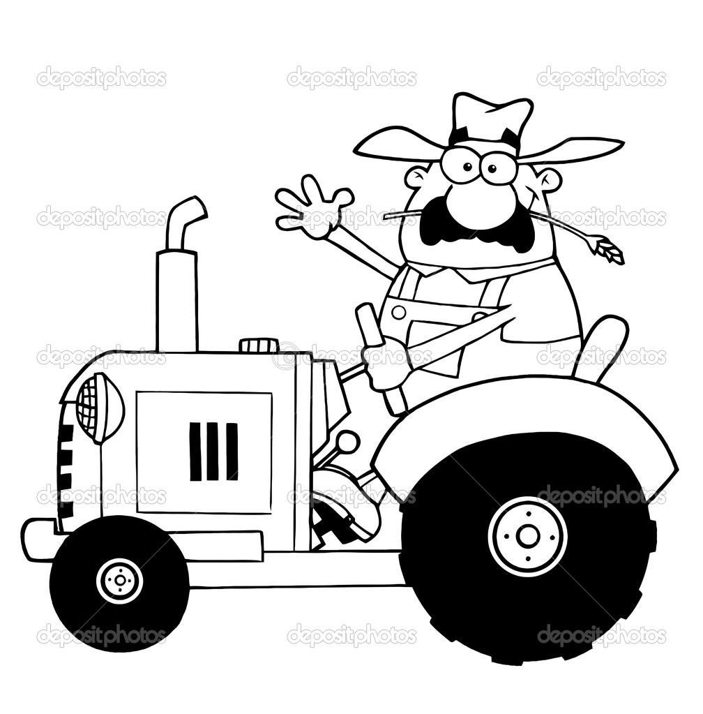 Outlined Farmer Waving And Driving A Tractor — Stock Photo.