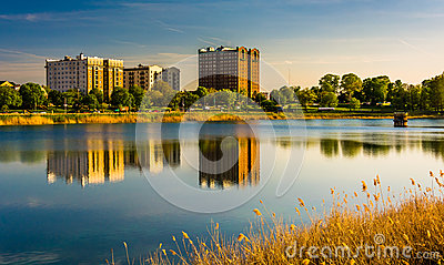 Reflections Of Buildings In Druid Lake, At Druid Hill Park, In B.