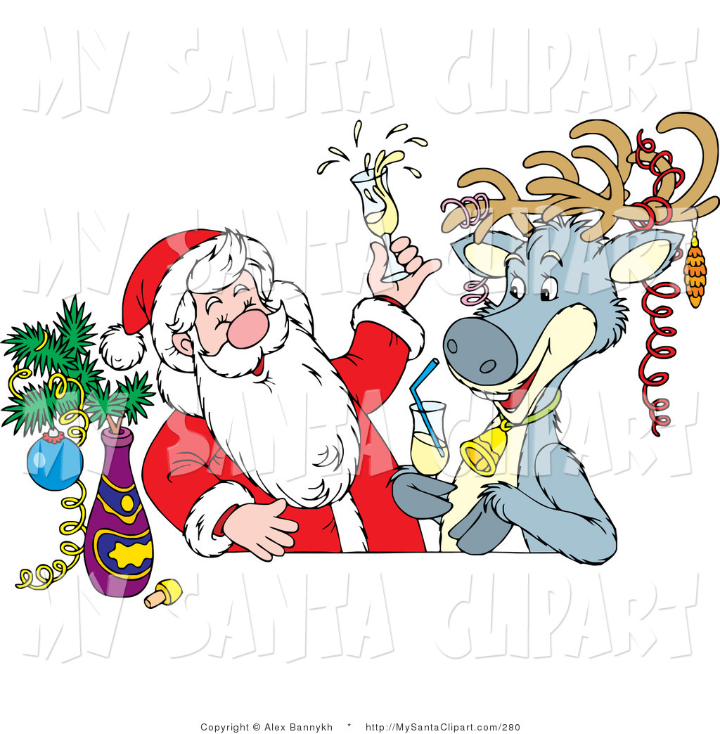 Christmas Clip Art of a Happy Santa and a Reindeer Getting Drunk at.