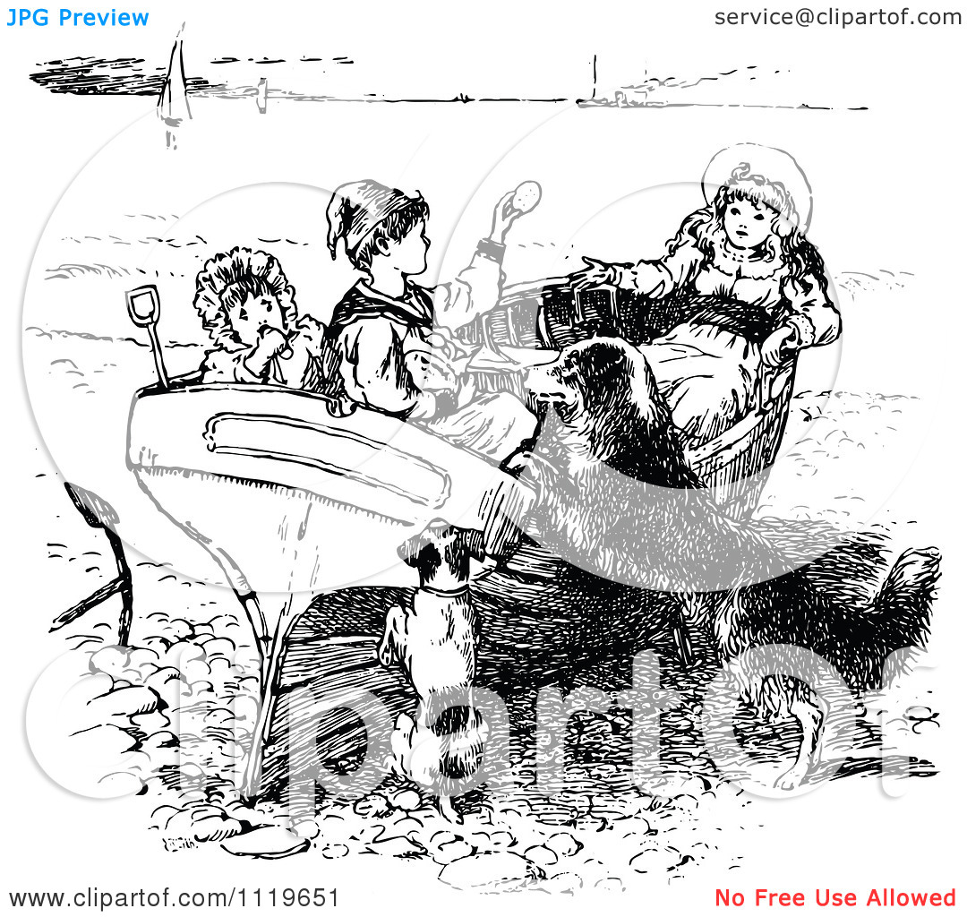 Clipart Of Retro Vintage Black And White Children And Dogs Playing.