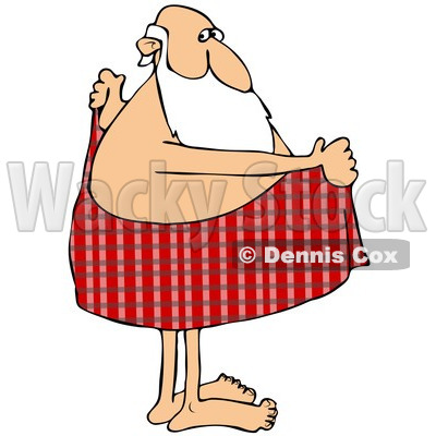 of Santa Drying off with a Red Plaid Towel.