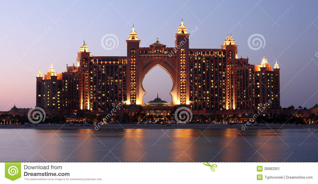 Atlantis Hotel Illuminated At Night, Dubai Stock Image.