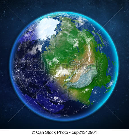 Stock Illustration of planet earth. view from space. Day turns.