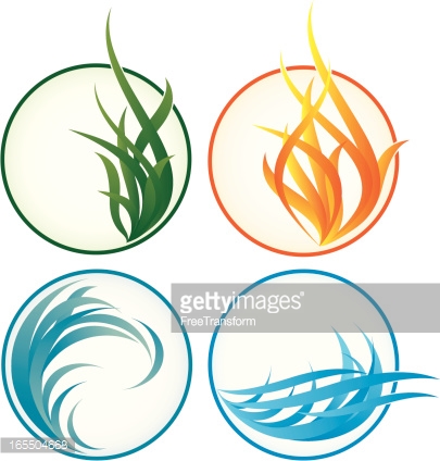 Stylized icons of the four elements: Earth, Water, Air, Fire.