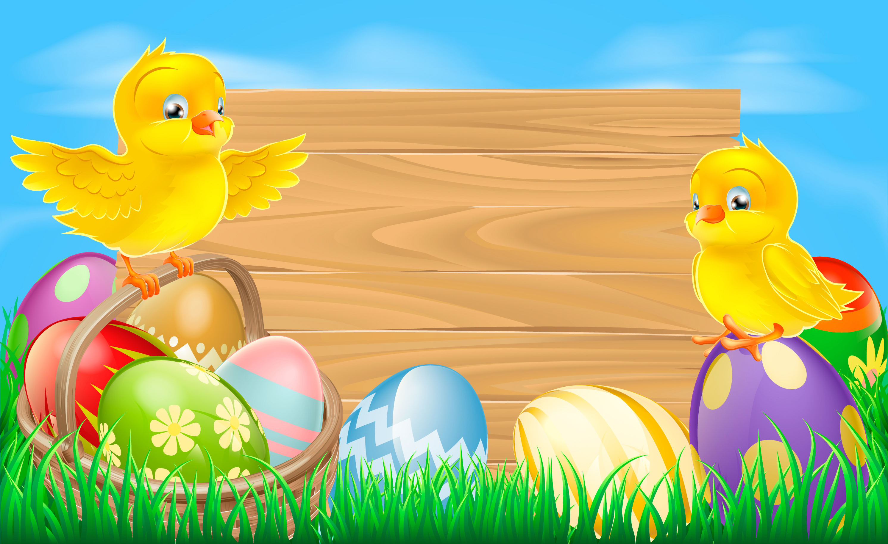 Easter Background with Eggs and Chickens.