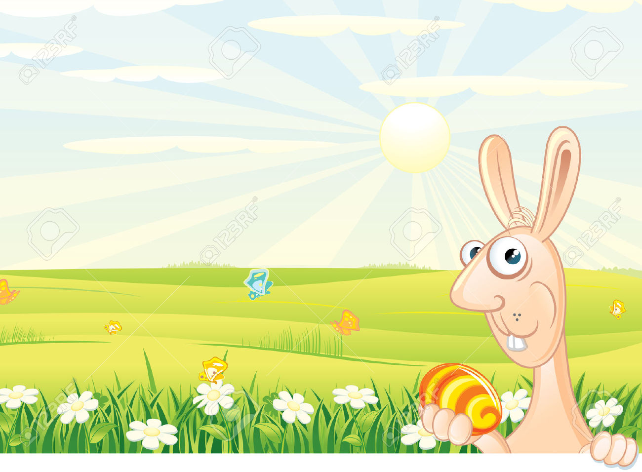 Easter Bunny Clipart With Flowers And Sunny Skies.