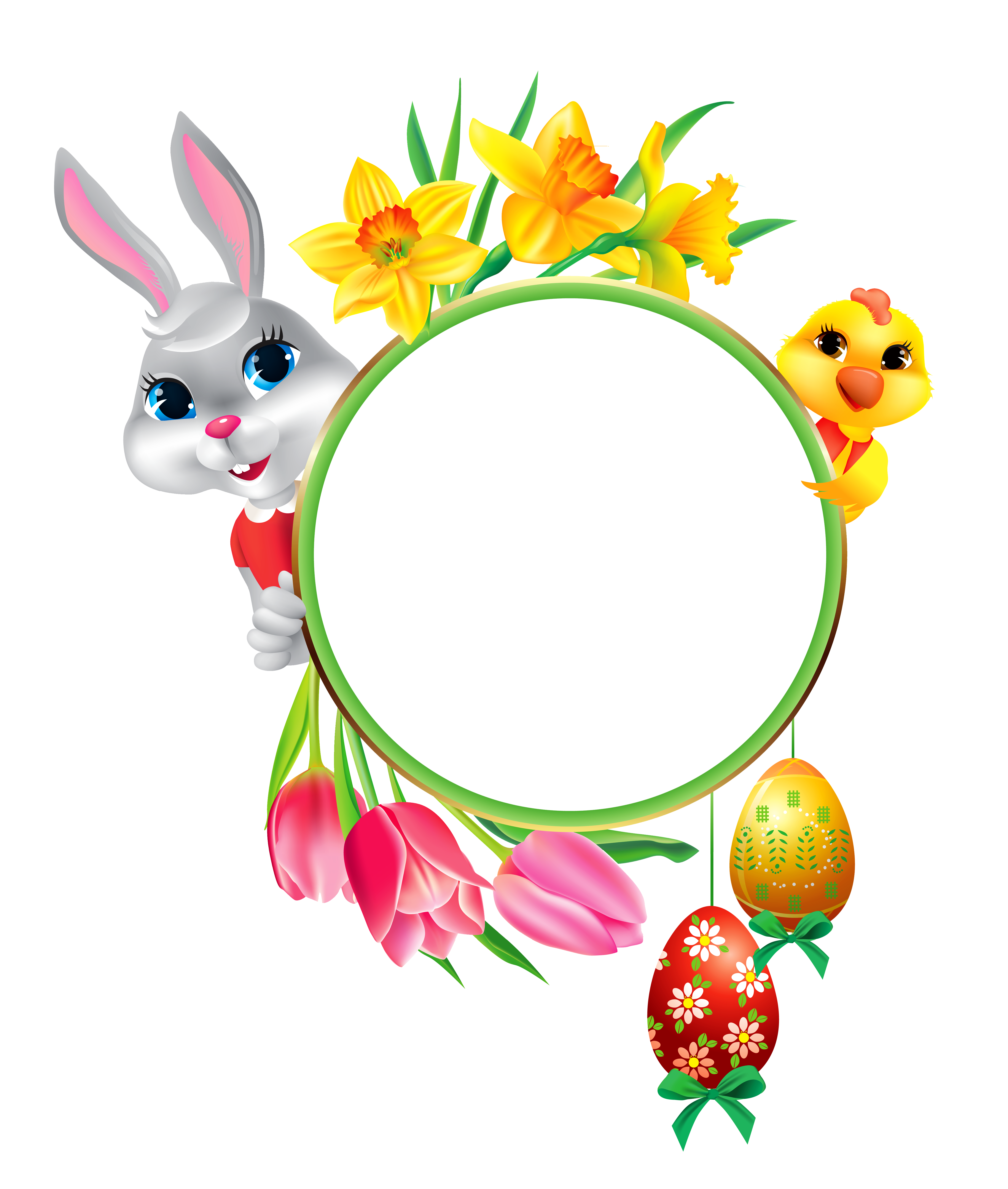 Easter Bunny and Chicken with Round Frame Transparent Clipart.