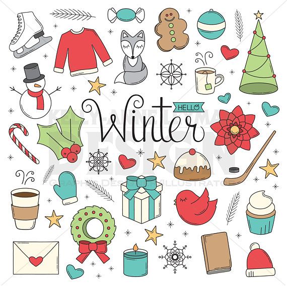 Christmas Winter Doodle objects, Hand drawn Clip Art Set.