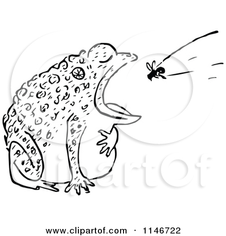 Clipart of a Retro Vintage Black and White Toad Eating a Fly.