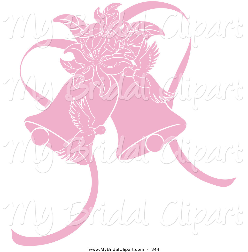 Bridal Clipart of a Pink Doves, Lilies and Wedding Bells on White.