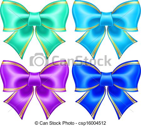 Vector Clip Art of Silk bows in cool colors with golden edging.