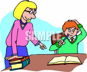 Colorful Cartoon of an Educator Assisting a Confused Student.