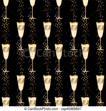 elegant light seamless pattern with sparkling wine glasses on black  background. celebration repeatable motif with golden champagne for wrapping  paper,.