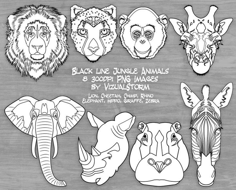 Black and White Safari Animal Face Clipart Jungle Animal Head Outlines for  Coloring Lion Cheetah Monkey Elephant Giraffe Rhino Hippo Zebra.