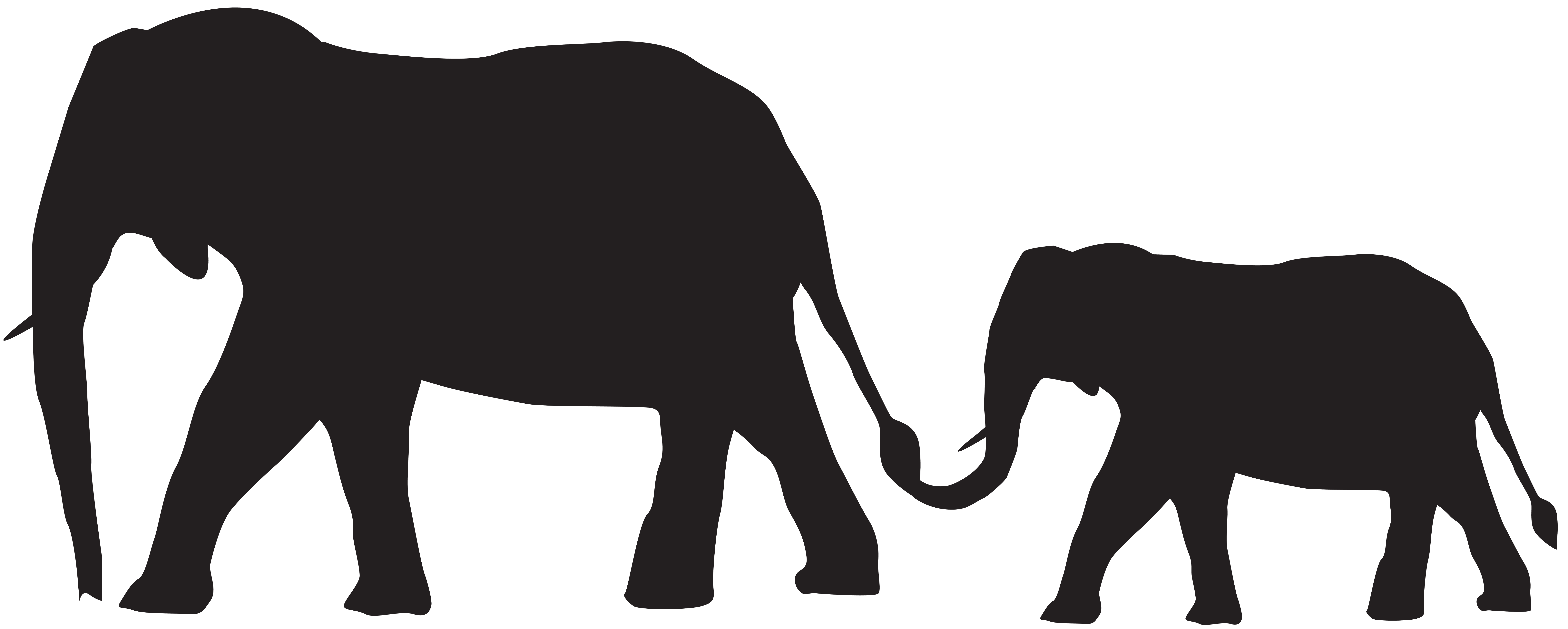 Mother and Baby Elephants Silhouette PNG Clip Art Image.