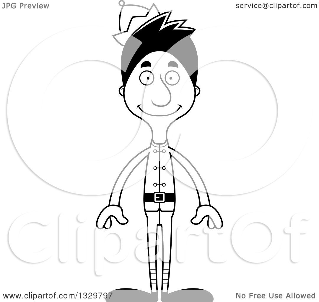 Lineart Clipart of a Cartoon Black and White Happy Tall Skinny.