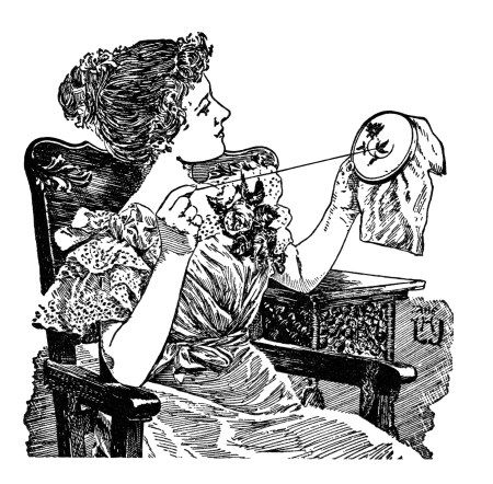 vintage sewing clipart, black and white clip art, lady doing.