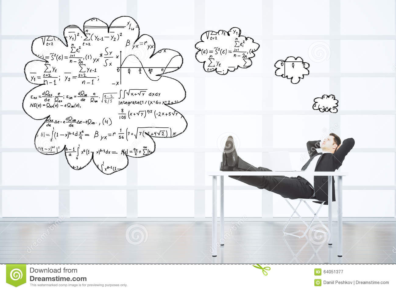 Man Sitting On The Chair Thinking About Equations In Emp Stock. Man Sitting On The Chair Thinking About Equations In Emp Stock.